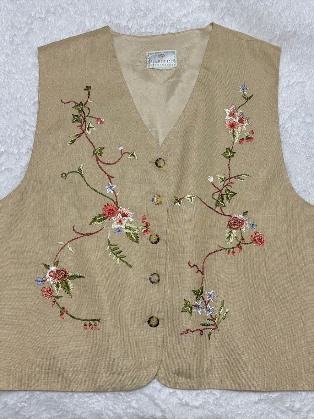Susan Bristol Beige Embroidered Floral Vest Sz XL